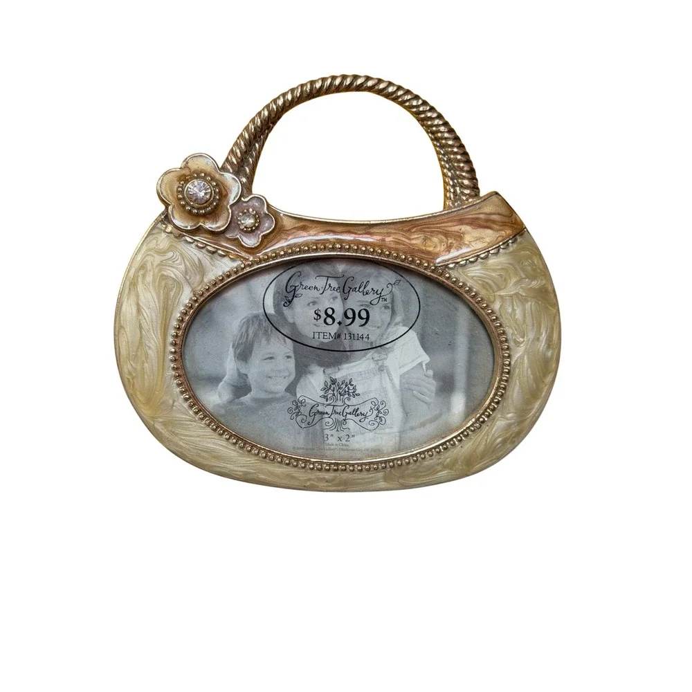 Green Tree Gallery Purse Picture Frame Gold Cream Floral Rhinestone 3x2 131144